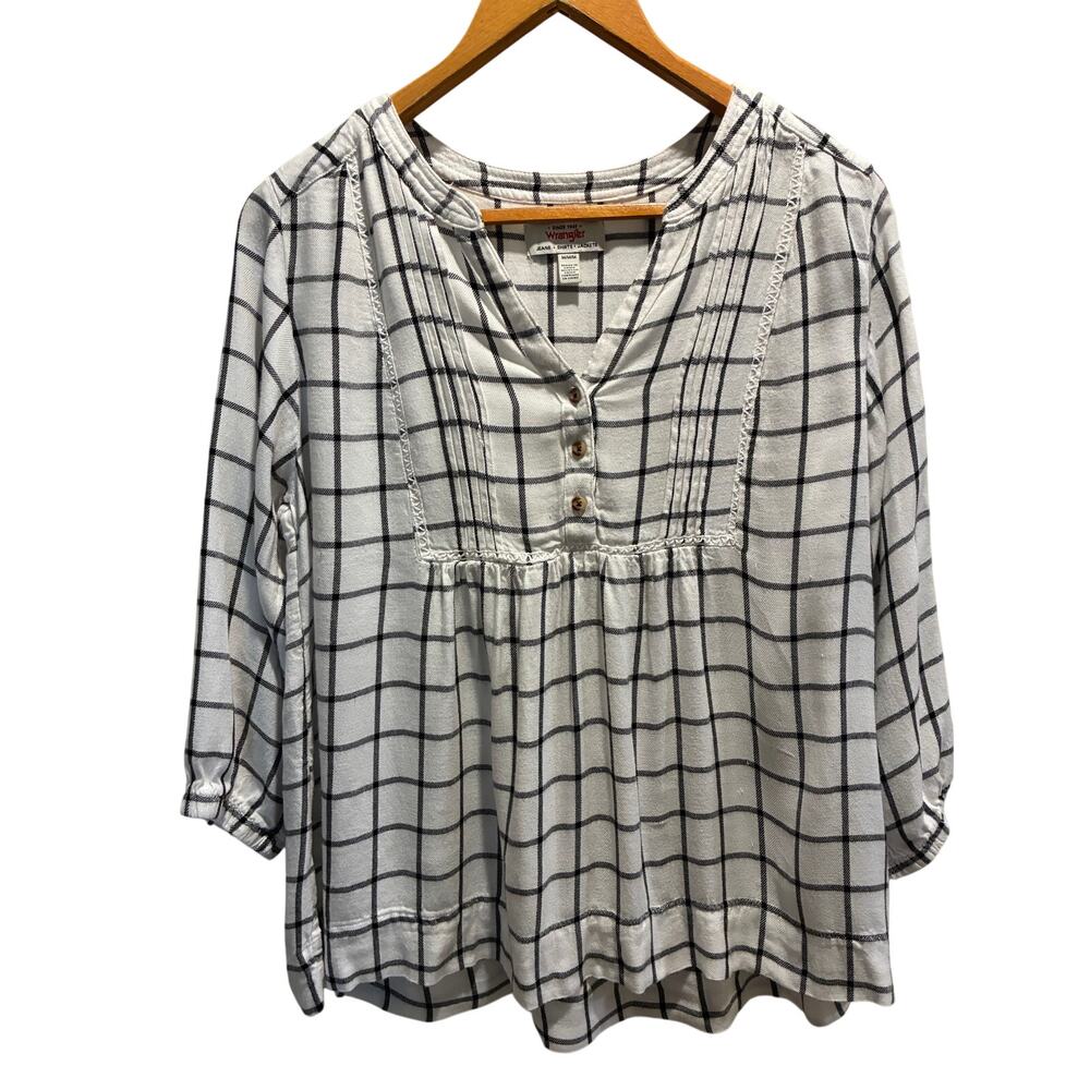 Wrangler Plaid Blouse White Black Windowpane Pintuck Lace Trim